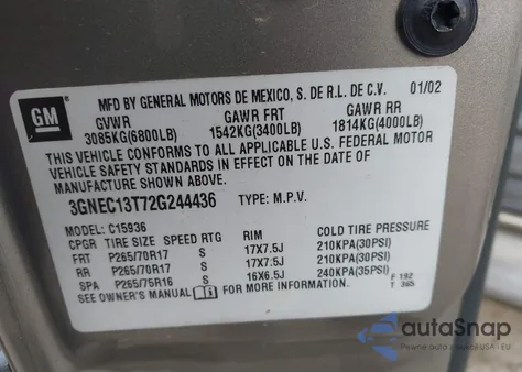 2002 Chevrolet Avalanche 1500 from USA, damaged, VIN 3GNEC13T72G244436